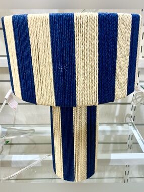 KARMA HOME SMALL textured striped table top lamp in blue/tan color.